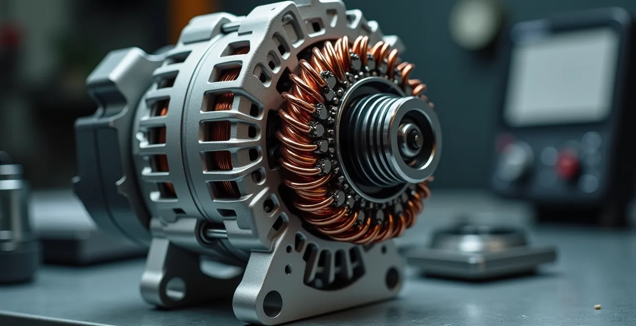 Alternador reconstruido junto a herramientas de taller mostrando componentes renovados