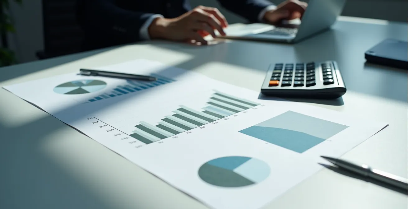 Gráficos financieros y calculadora sobre mesa de trabajo profesional