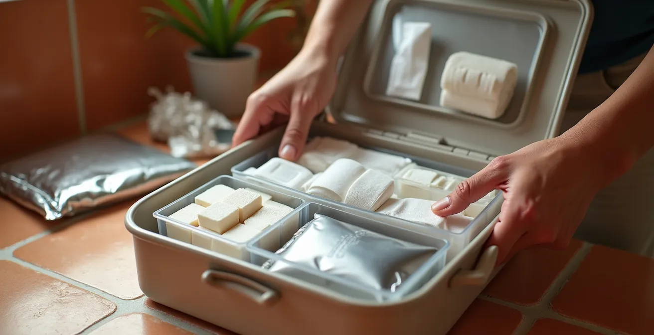 Botiquín de primeros auxilios abierto mostrando compartimentos organizados con material médico