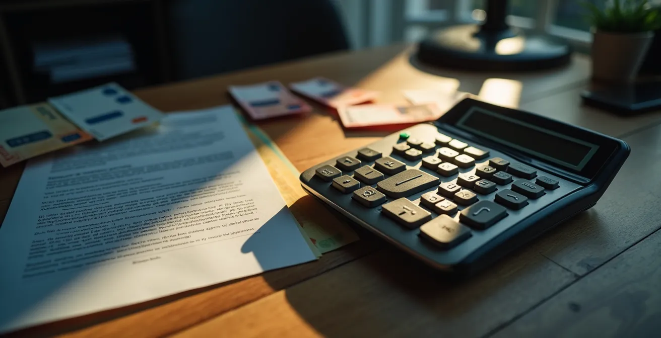 Mesa con calculadora, contrato de alquiler y billetes de euro mostrando costes adicionales