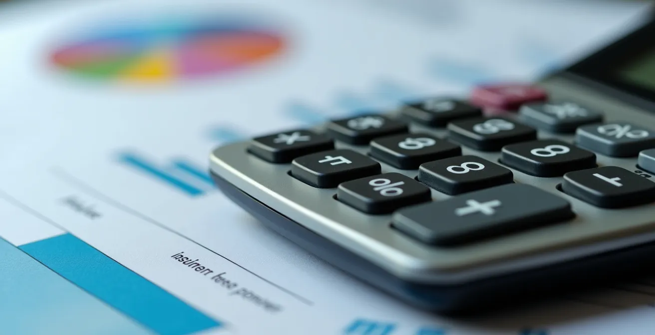 Mesa con calculadora, gráficos de ahorro y documentos de seguro desenfocados