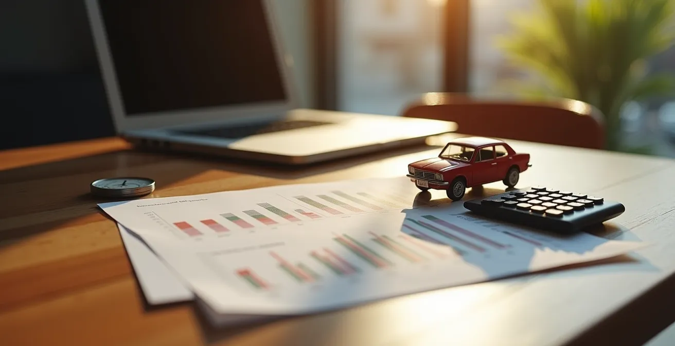 Mesa de trabajo con calculadora y gráficos financieros abstractos sobre venta de activos