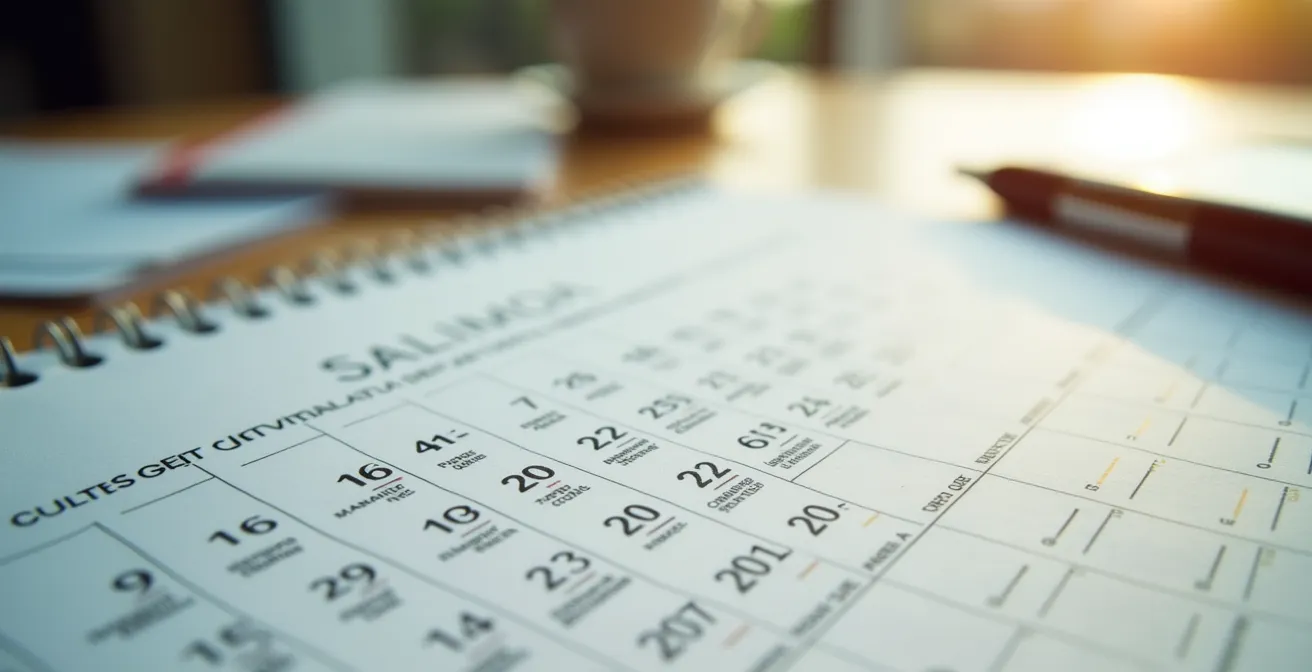 Calendario de escritorio marcando cinco años con documentos de seguro desenfocados