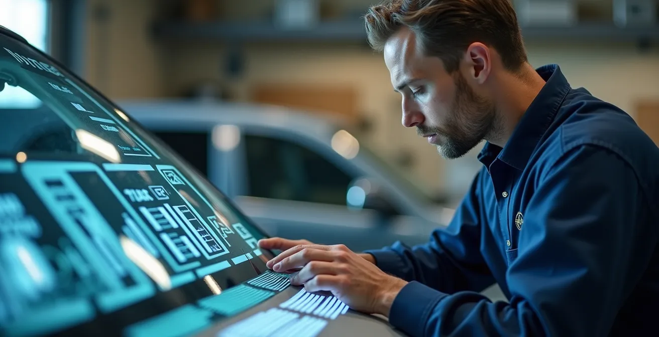 Técnico calibrando cámara ADAS en parabrisas nuevo con equipo especializado