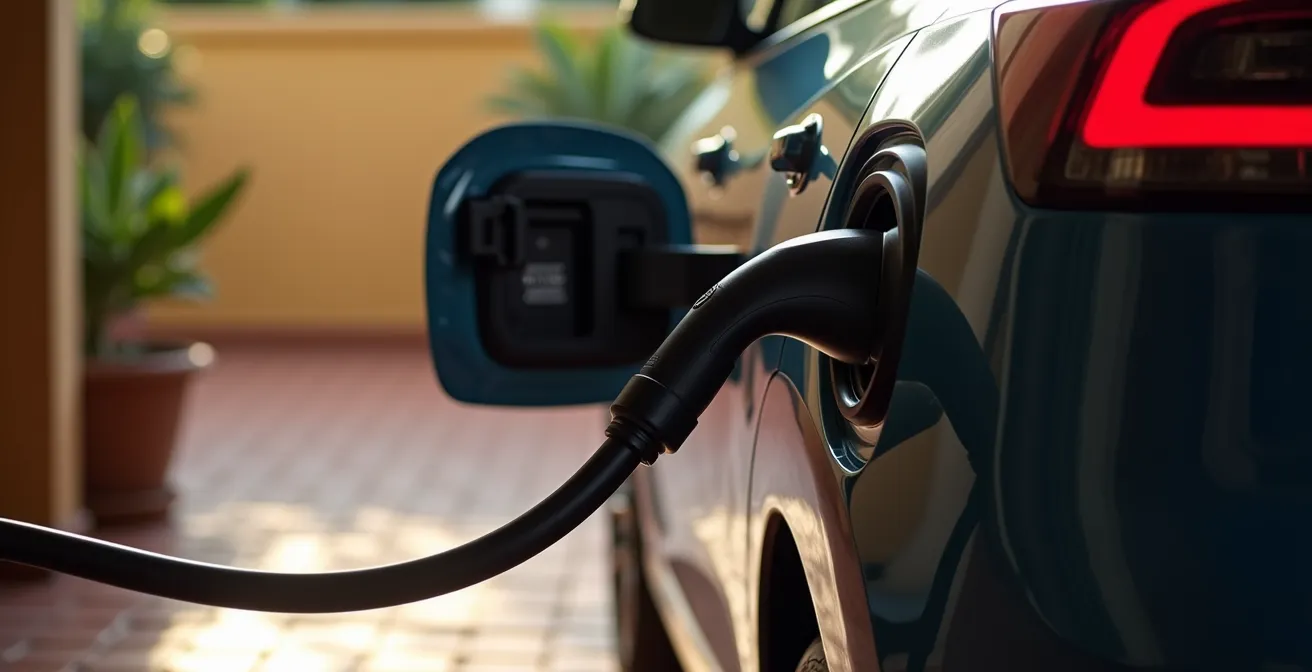 Vehículo híbrido enchufable conectado a punto de carga en garaje residencial español