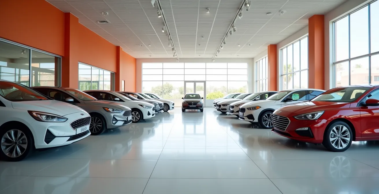 Vista amplia de concesionario de coches en España mostrando vehículos nuevos en exposición