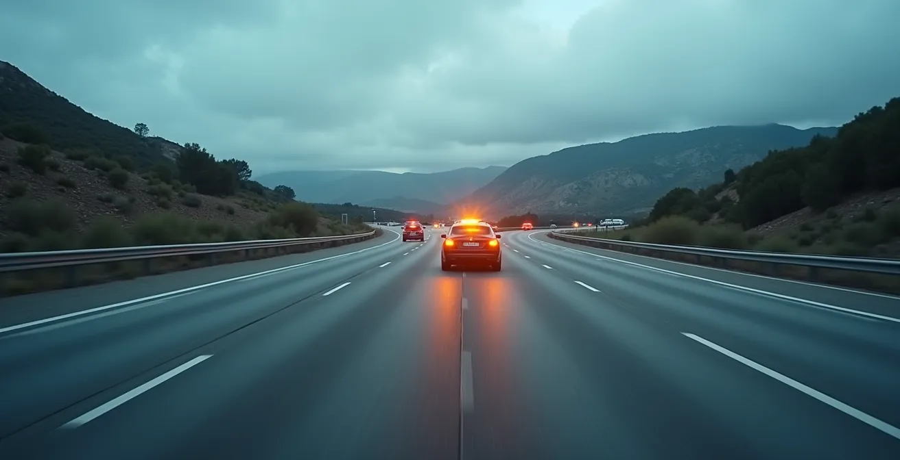 Vehículo con luces de emergencia circulando por carril derecho de autovía española