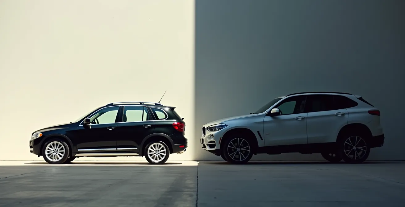 Comparación visual entre coche clásico bien mantenido y SUV moderno mostrando paradoja de emisiones