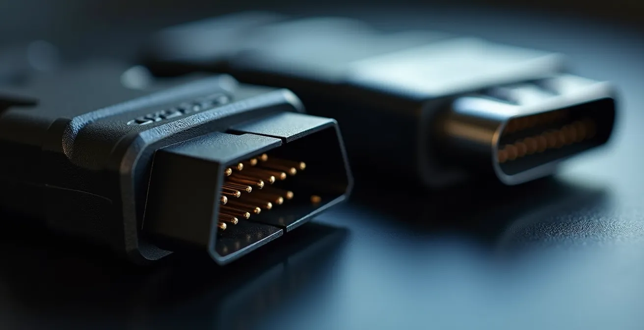 Comparación visual entre un escáner OBD2 básico y uno profesional sobre mesa de taller