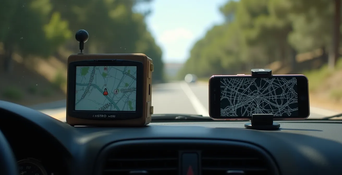 Interior de coche mostrando smartphone con navegación montado junto a sistema GPS antiguo del vehículo