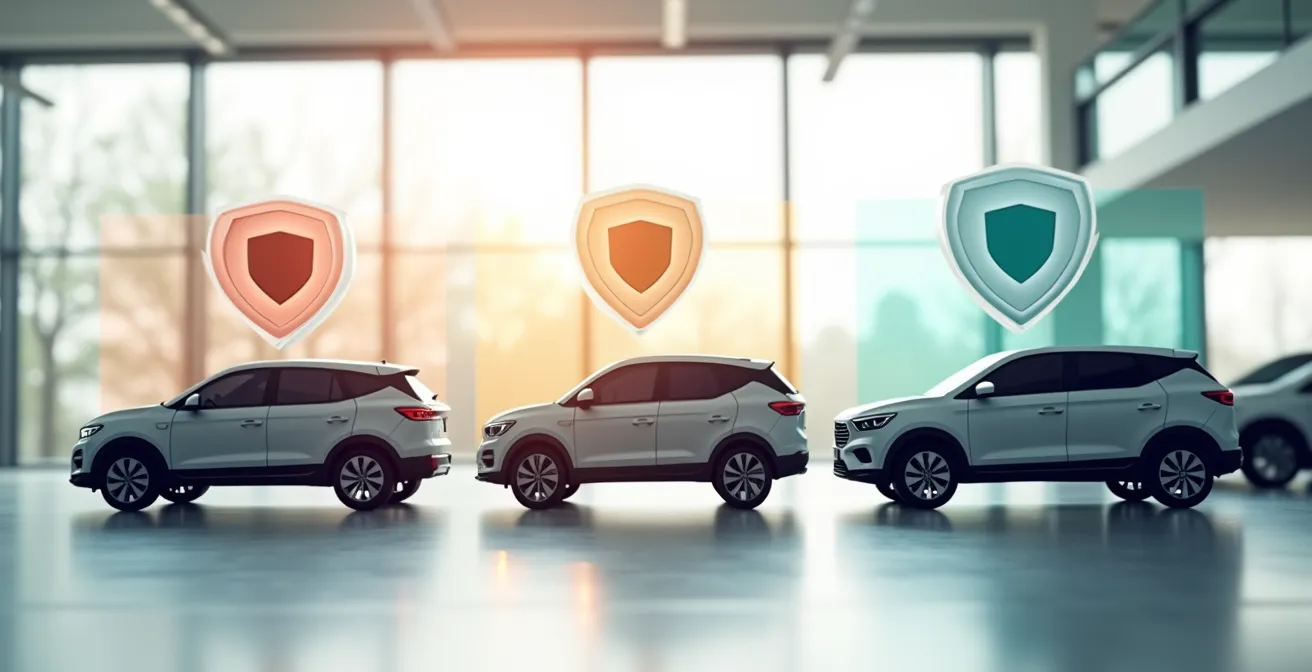 Tres coches económicos alineados mostrando sus características de seguridad