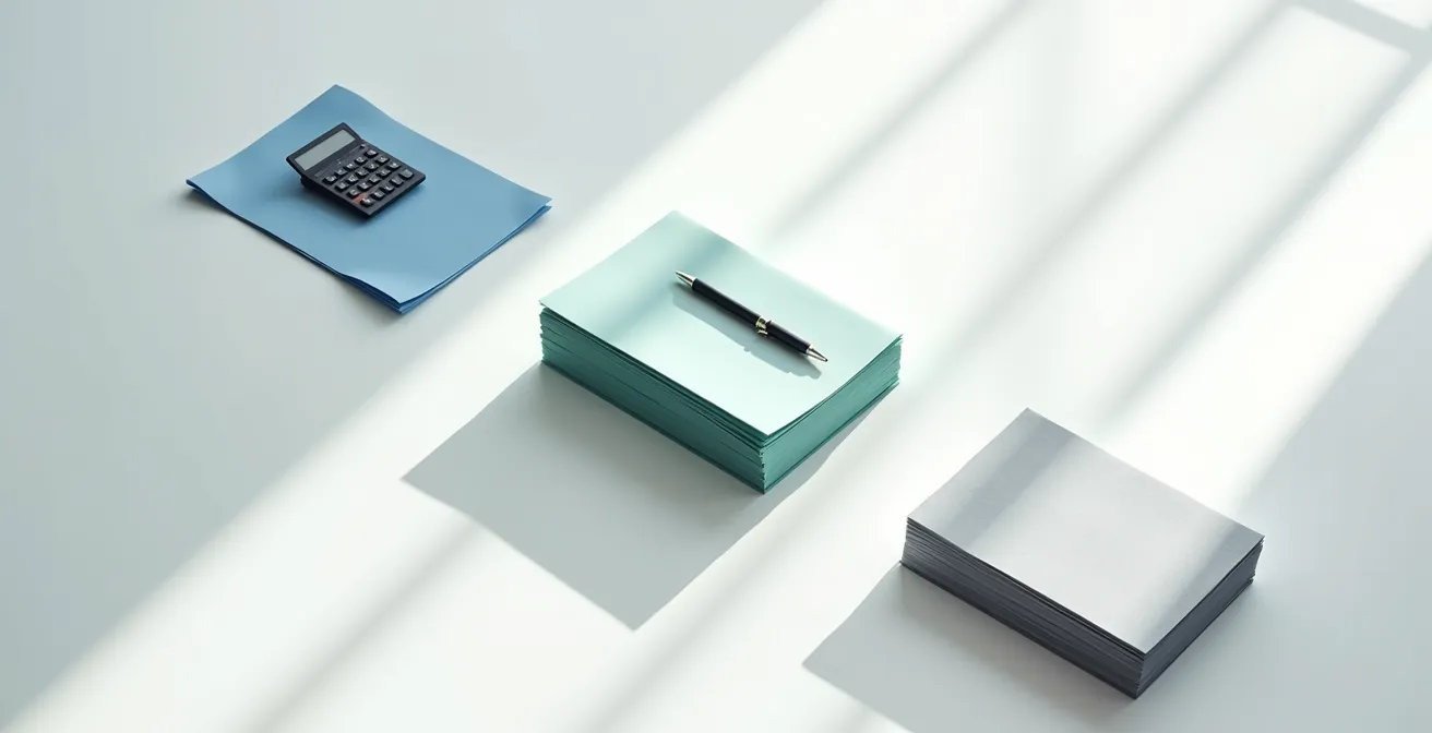 Vista aérea minimalista de papeles financieros organizados sobre mesa