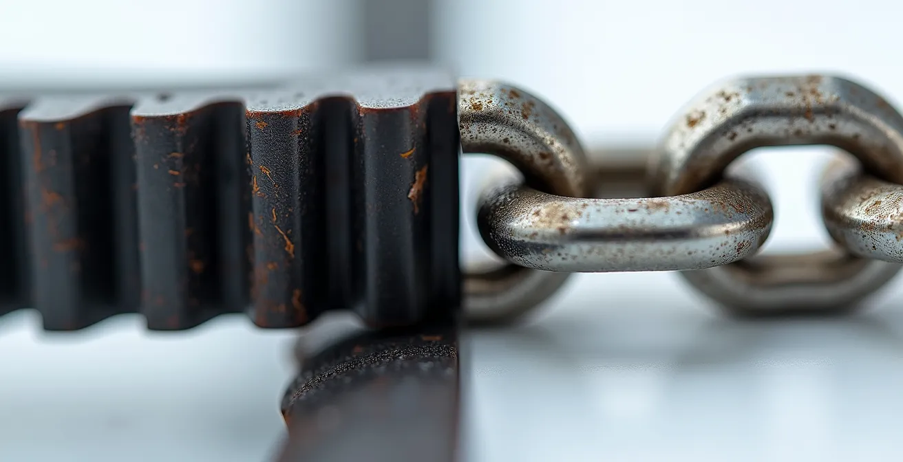 Comparación lado a lado de correa dentada y cadena metálica de distribución sobre mesa de taller