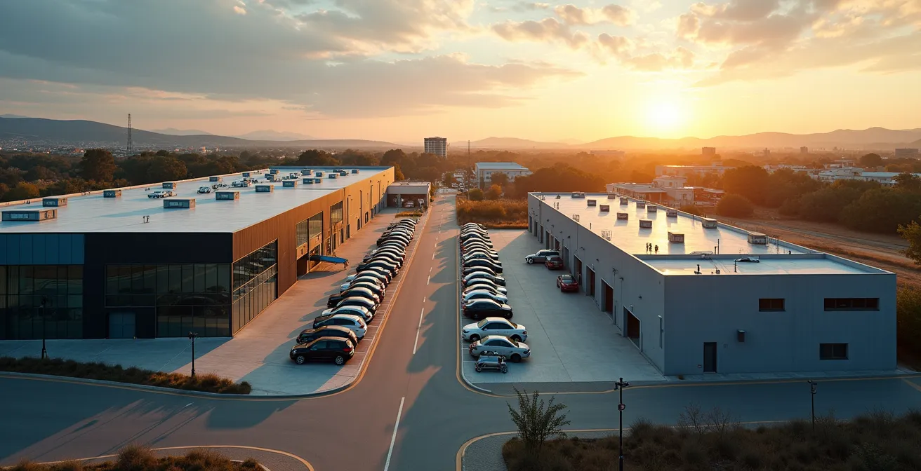 Vista aérea minimalista de dos talleres mecánicos contrastantes en un polígono industrial español