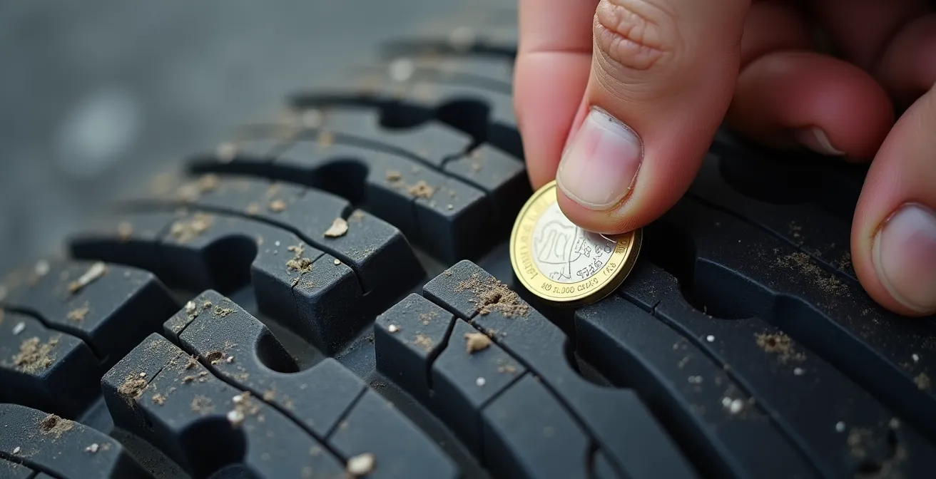 Detalle macro de mano comprobando la profundidad del dibujo del neumático con moneda de euro