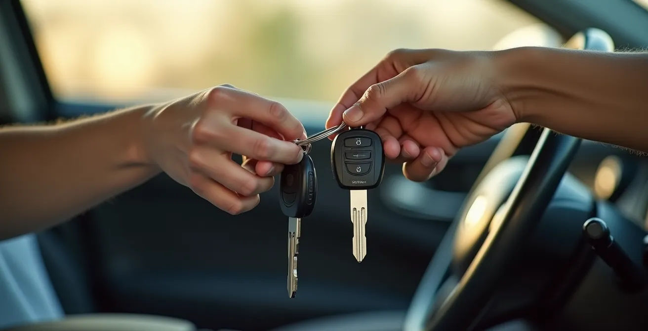 Momento de entrega de llaves de coche entre dos personas de diferentes edades