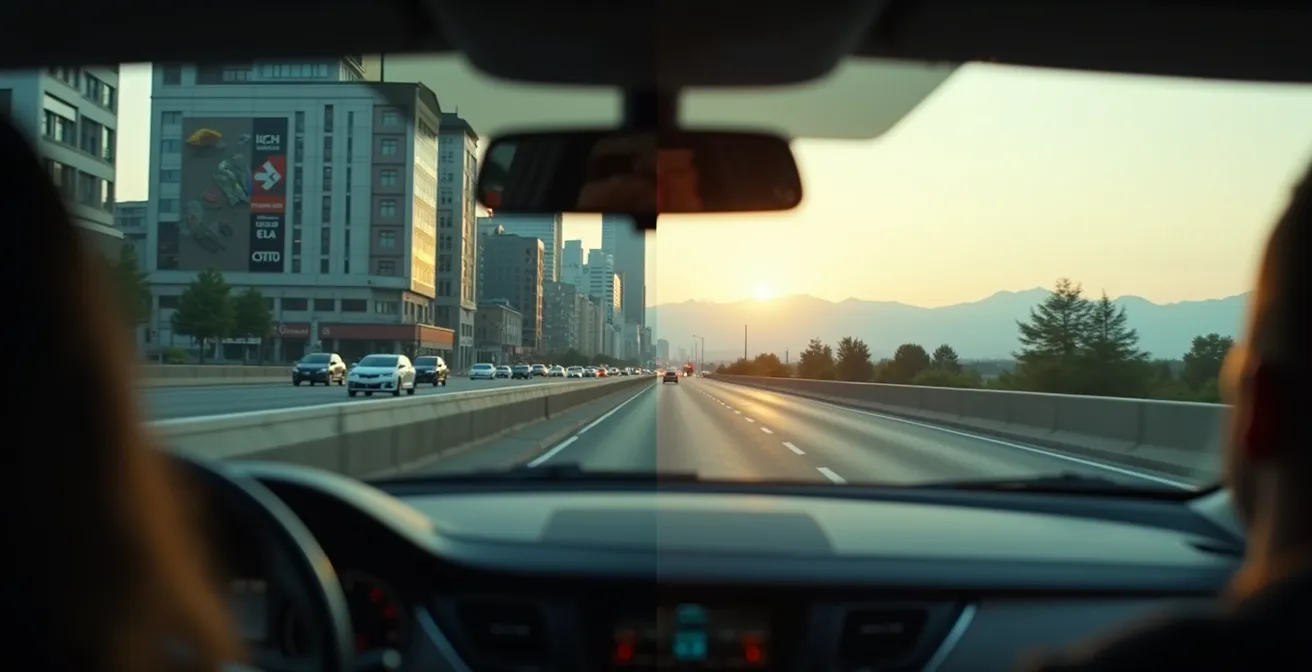 Composición dividida mostrando conductor en ciudad congestionada y otro en carretera rural tranquila
