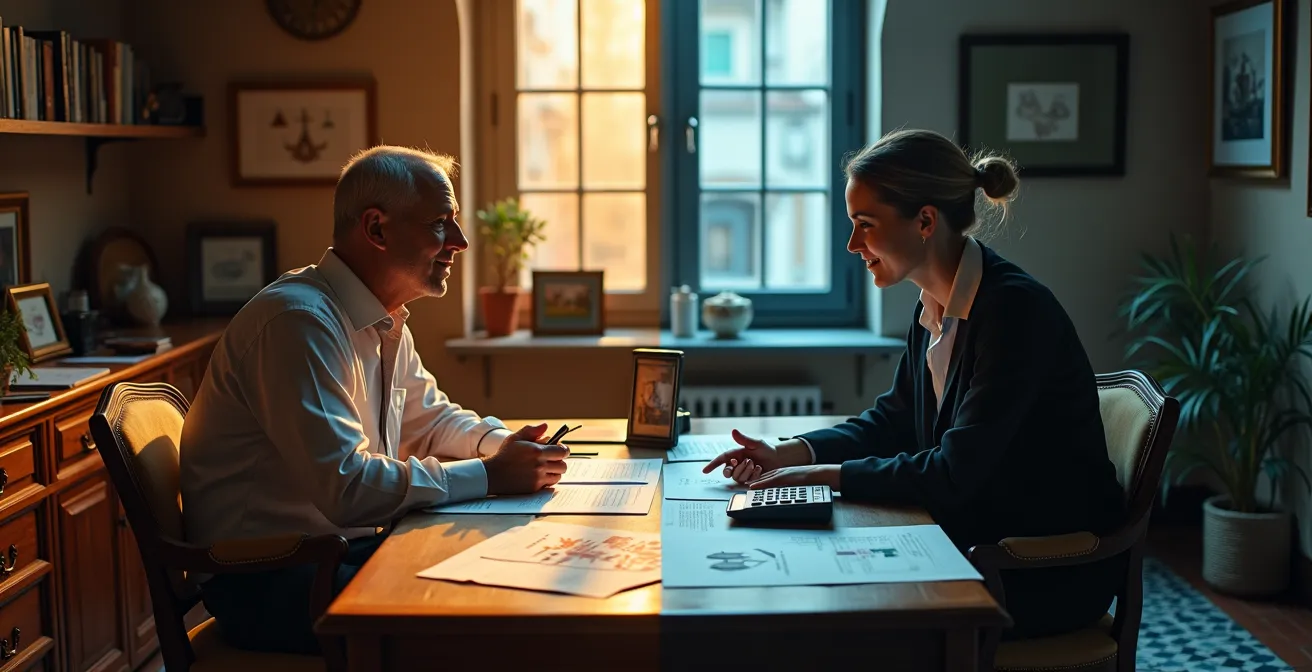 Corredor de seguros profesional asesorando a cliente en oficina tradicional española