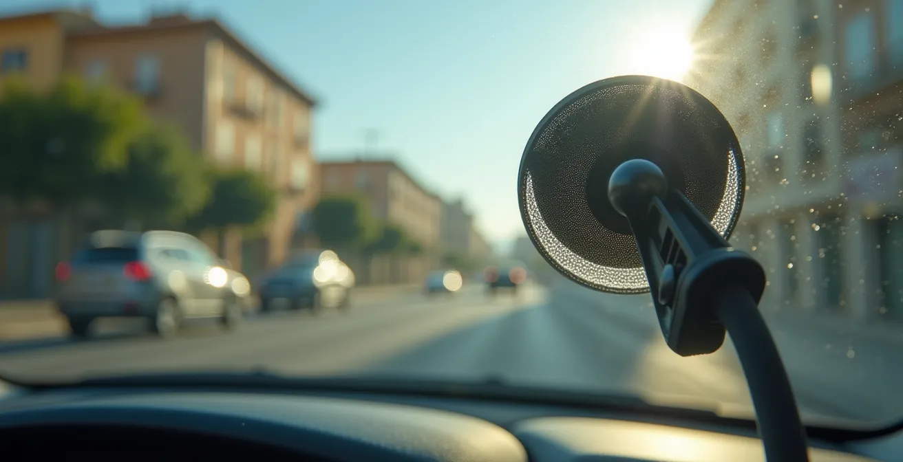 Cámara dashcam instalada discretamente en el parabrisas de un coche