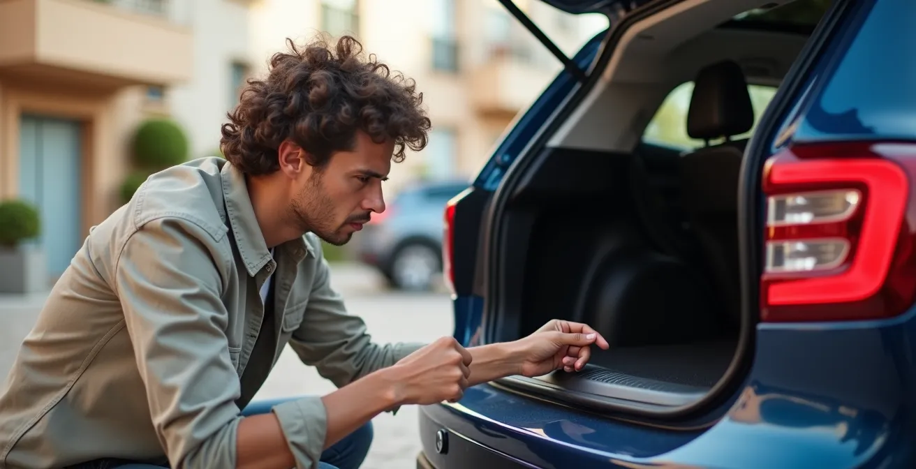 Vista detallada del maletero desgastado de un coche mostrando signos de uso intensivo