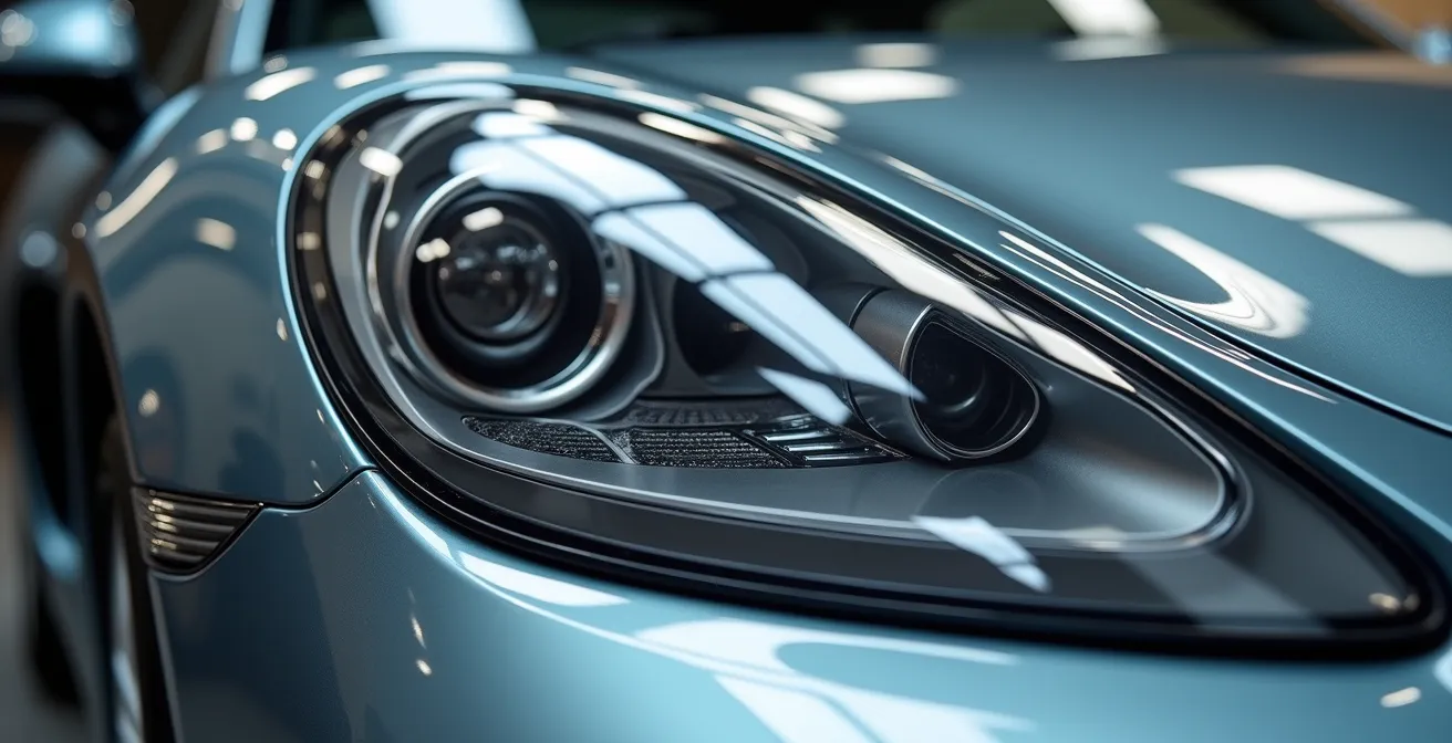 Detalle macro de faros pulidos y pintura brillante de coche