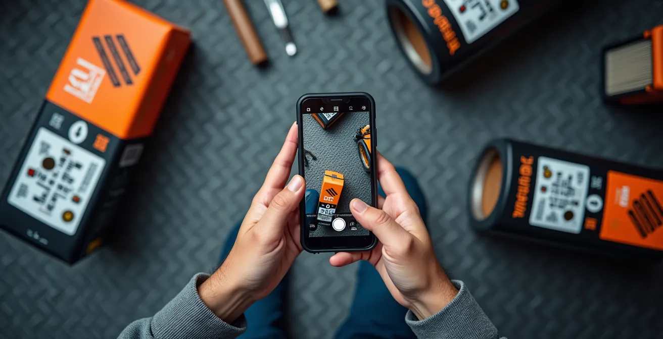 Manos fotografiando filtro de aceite nuevo junto a herramientas y smartphone mostrando app de registro