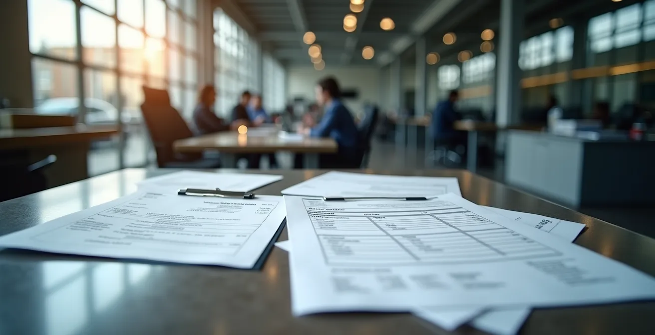 Mesa de oficina de taller con documentación de garantía y factura de recambio ordenadas