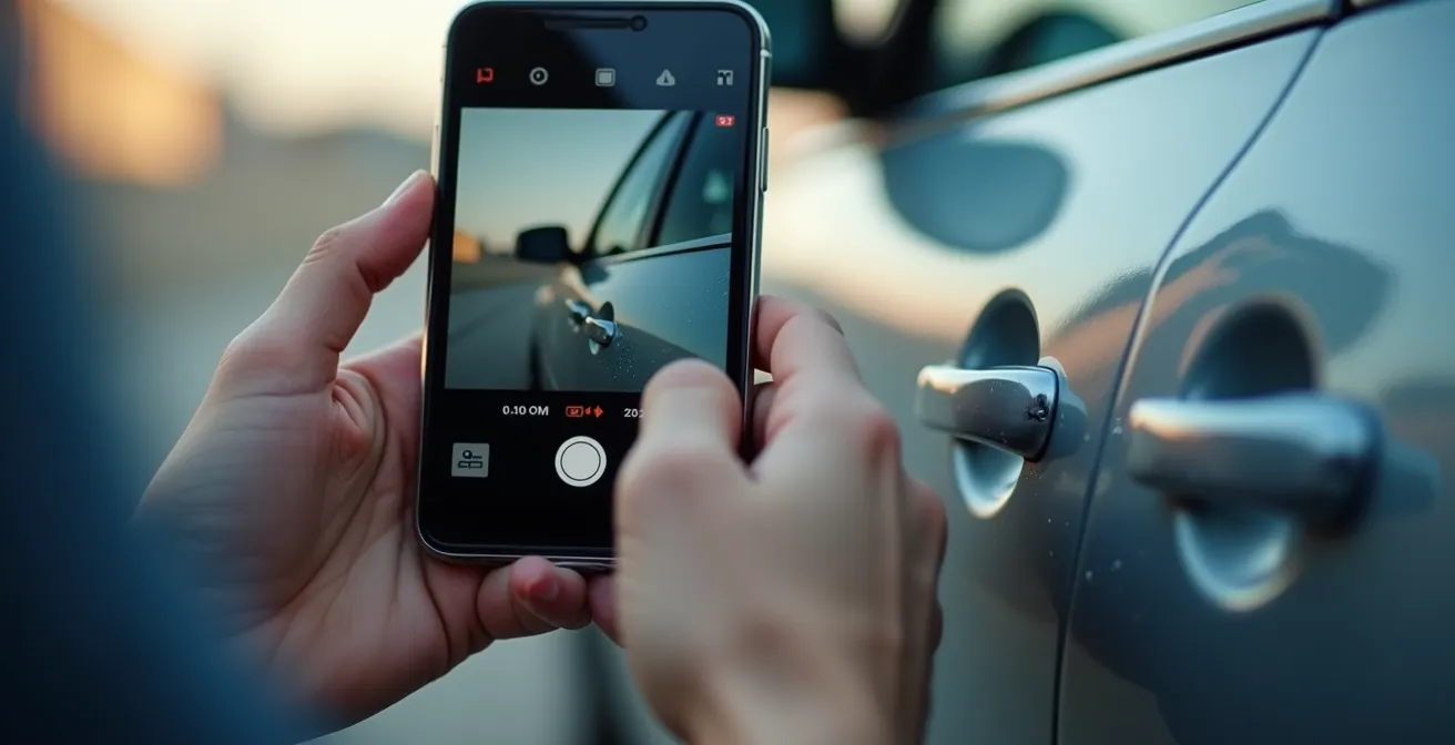 Manos sosteniendo smartphone grabando daños en puerta de coche de alquiler