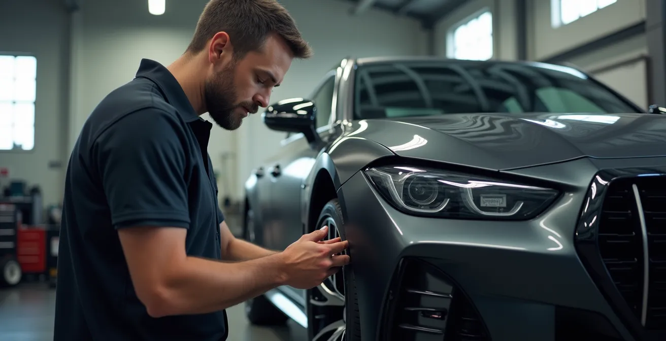 Vista lateral de vehículo con kit deportivo en proceso de instalación profesional