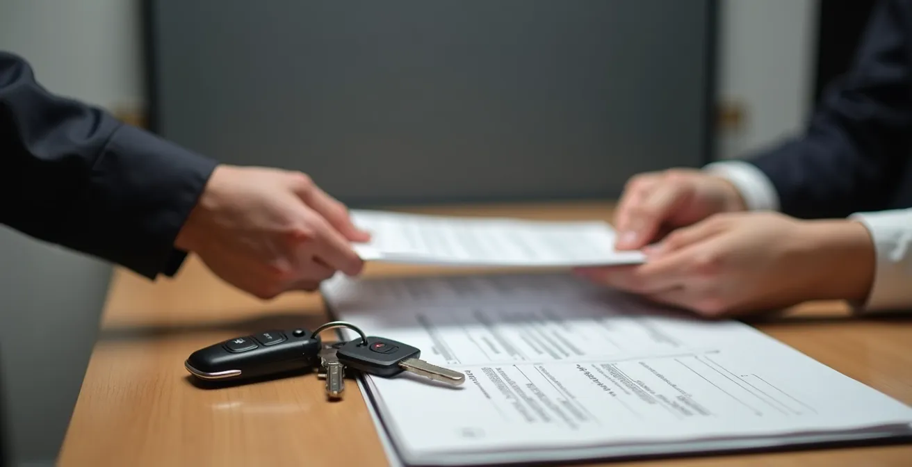 Manos intercambiando documentos bancarios borrosos sobre mesa con llaves de coche