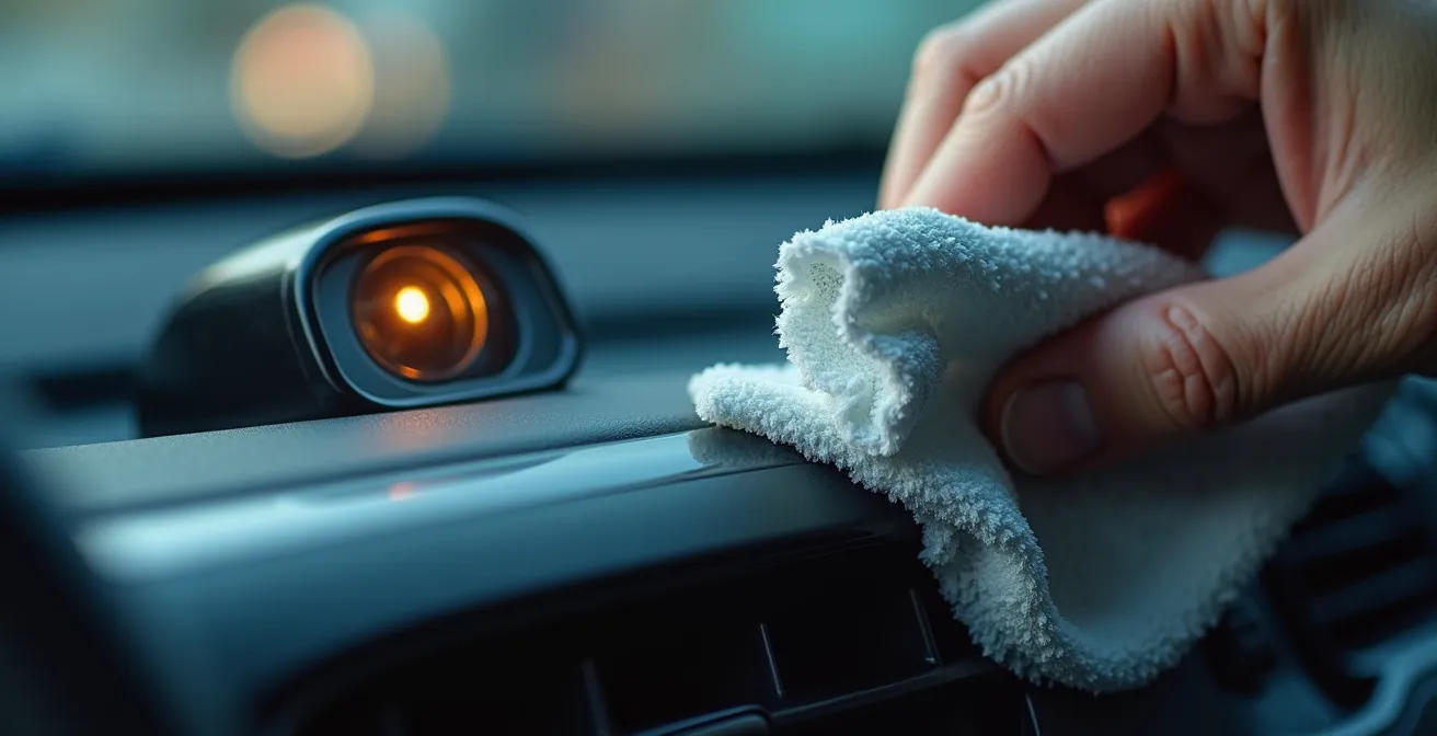 Manos limpiando cuidadosamente sensor de cámara ADAS en parabrisas con paño de microfibra