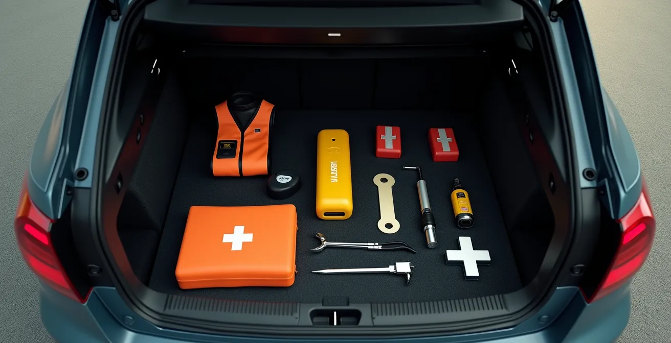 Vista cenital del maletero de un coche con equipamiento de emergencia organizado incluyendo baliza V16