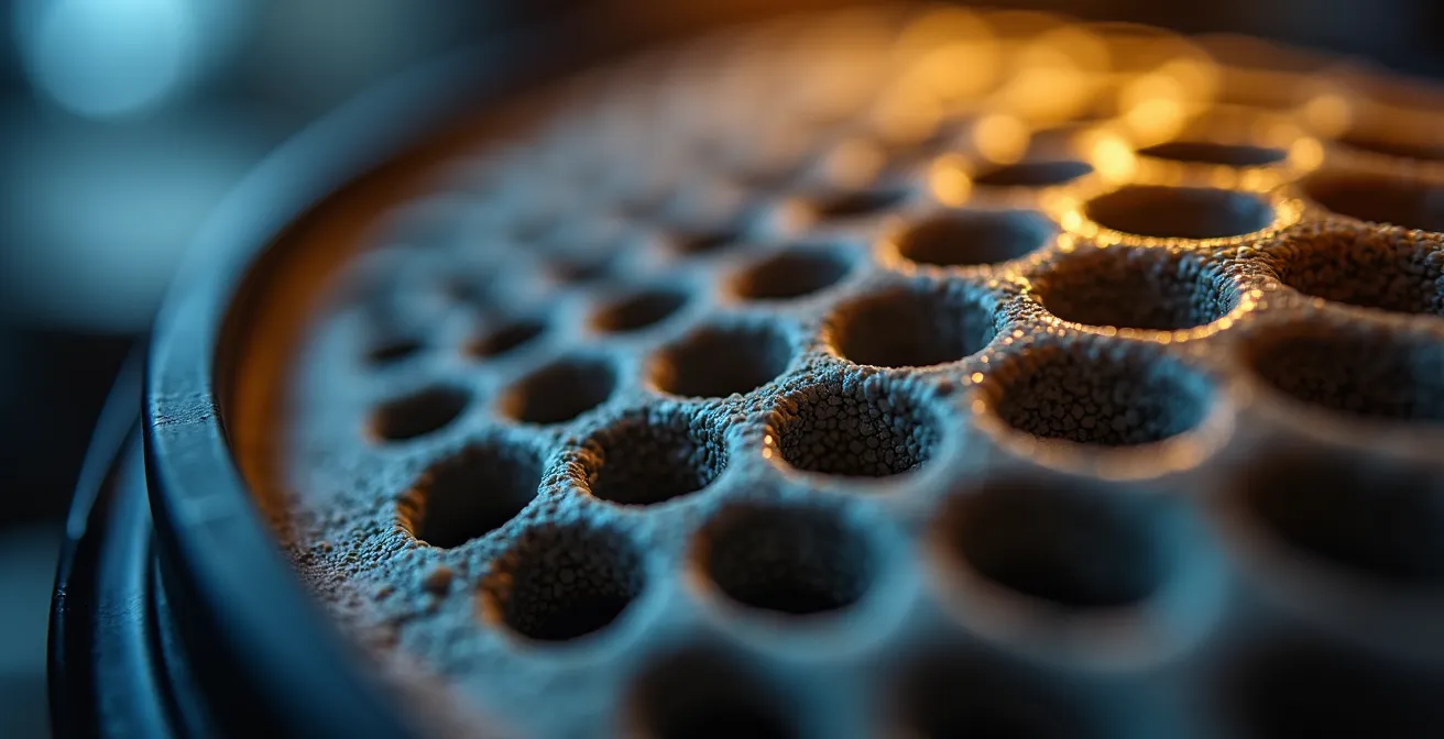 Detalle macro del filtro de partículas diésel mostrando estructura de panal