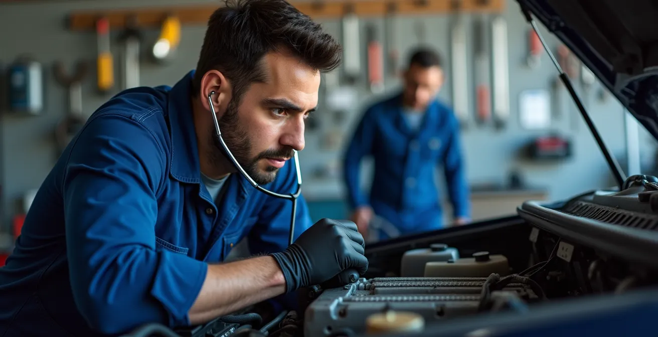 Mecánico español con estetoscopio automotriz escuchando el motor de un coche en taller