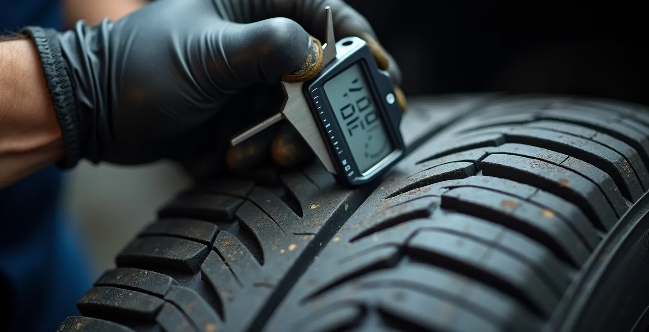 Detalle macro de manos revisando profundidad de dibujo en neumático