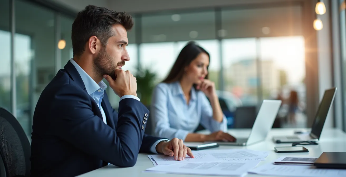 Persona en concesionario evaluando documentación de financiación desde perspectiva lateral