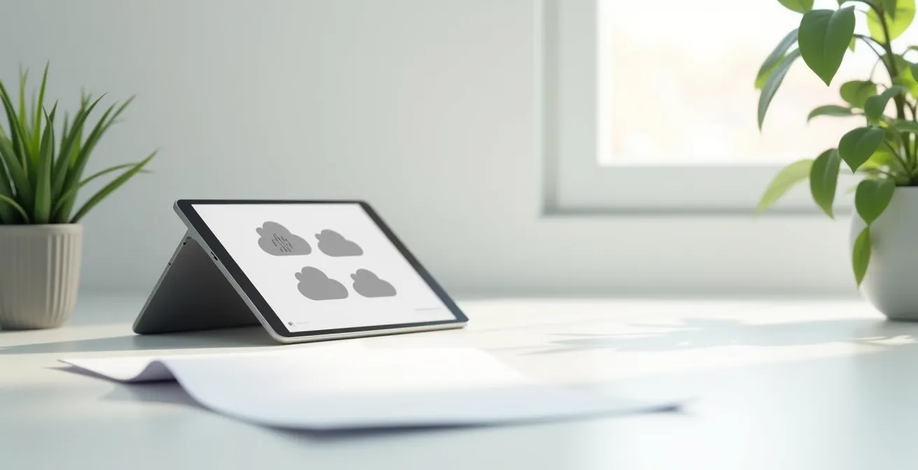 Espacio de trabajo minimalista con tablet mostrando carpetas organizadas y documentos del coche