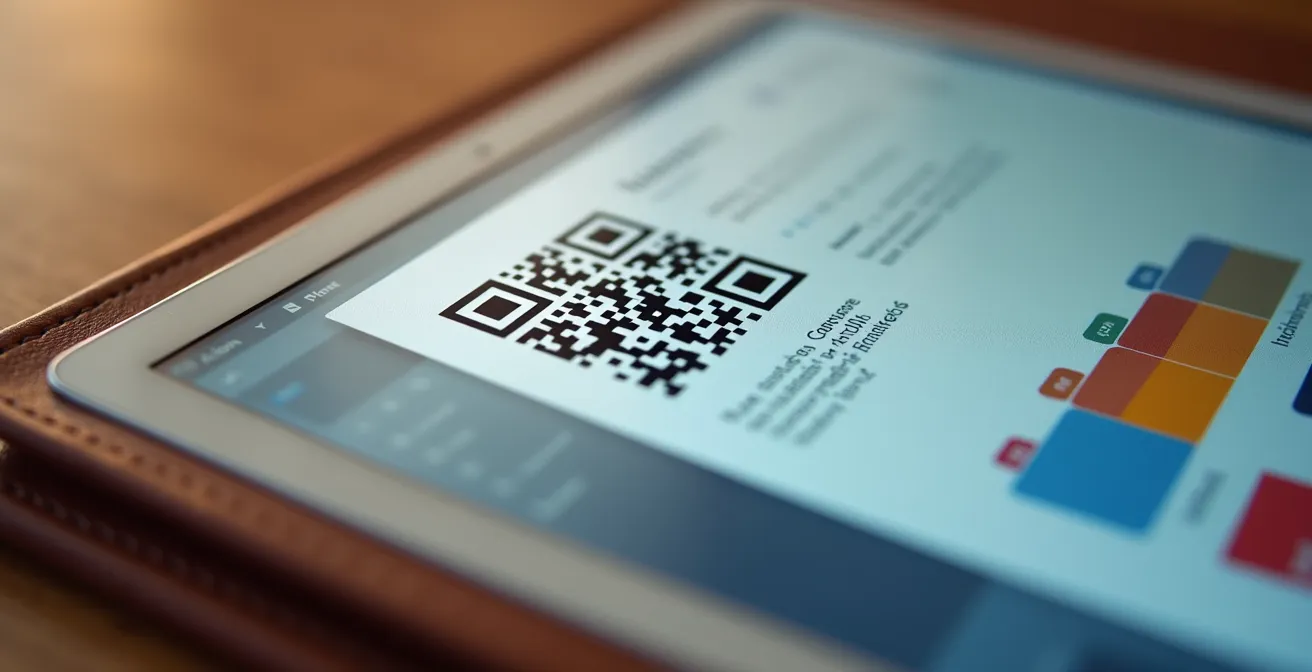 Vista macro de código QR en anuncio de venta junto a carpeta digital estructurada en tablet