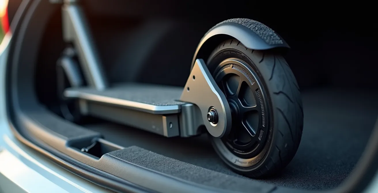 Detalle macro de un patinete eléctrico plegado compacto en el maletero de un coche