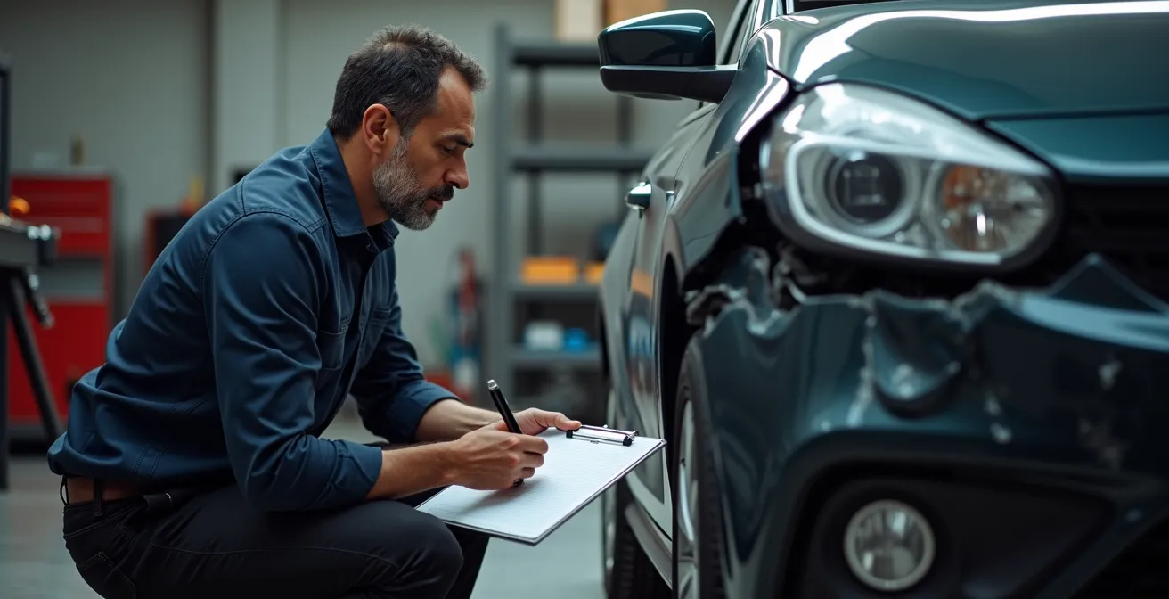Perito de seguros evaluando vehículo siniestrado con documentación técnica