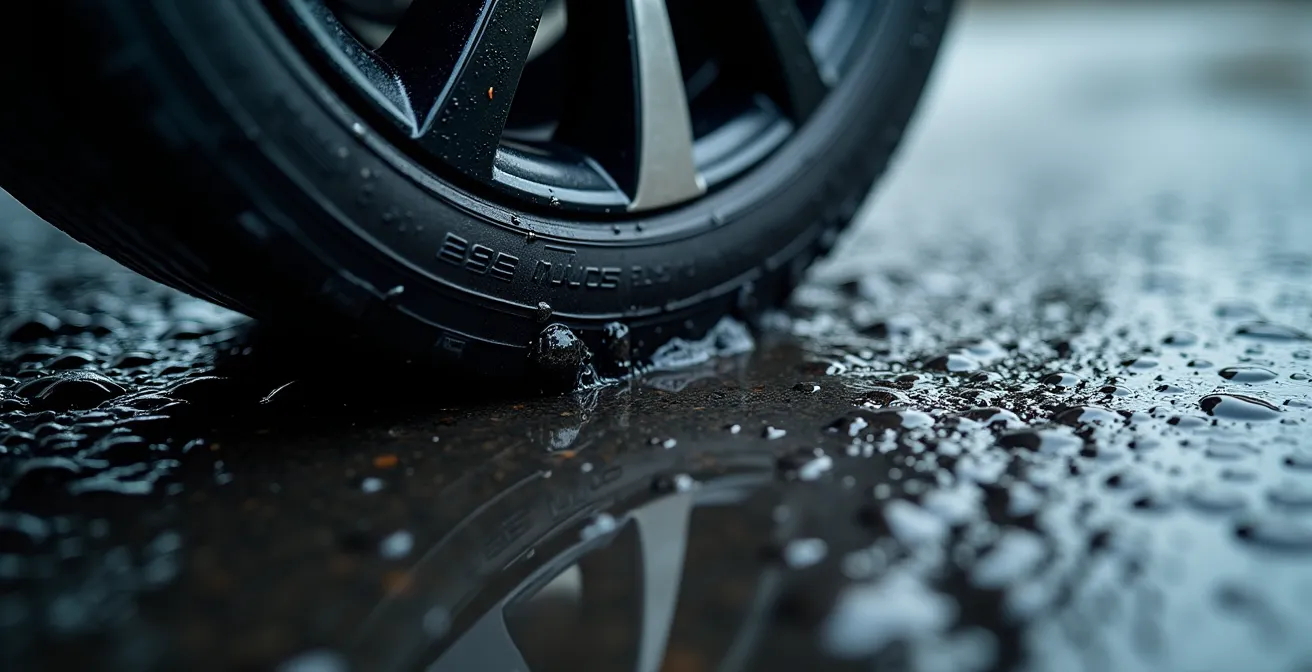 Deformación de la huella del neumático con baja presión en superficie mojada