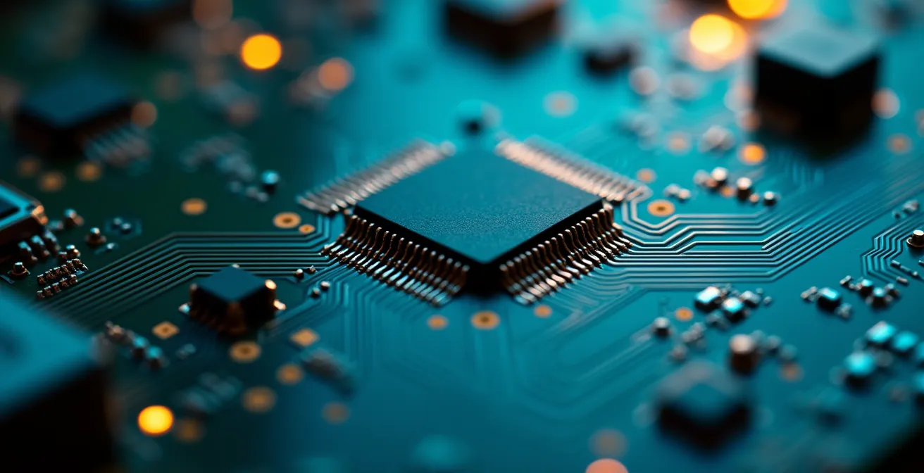 Vista macro de placa de circuito de dispositivo aftermarket mostrando componentes electrónicos