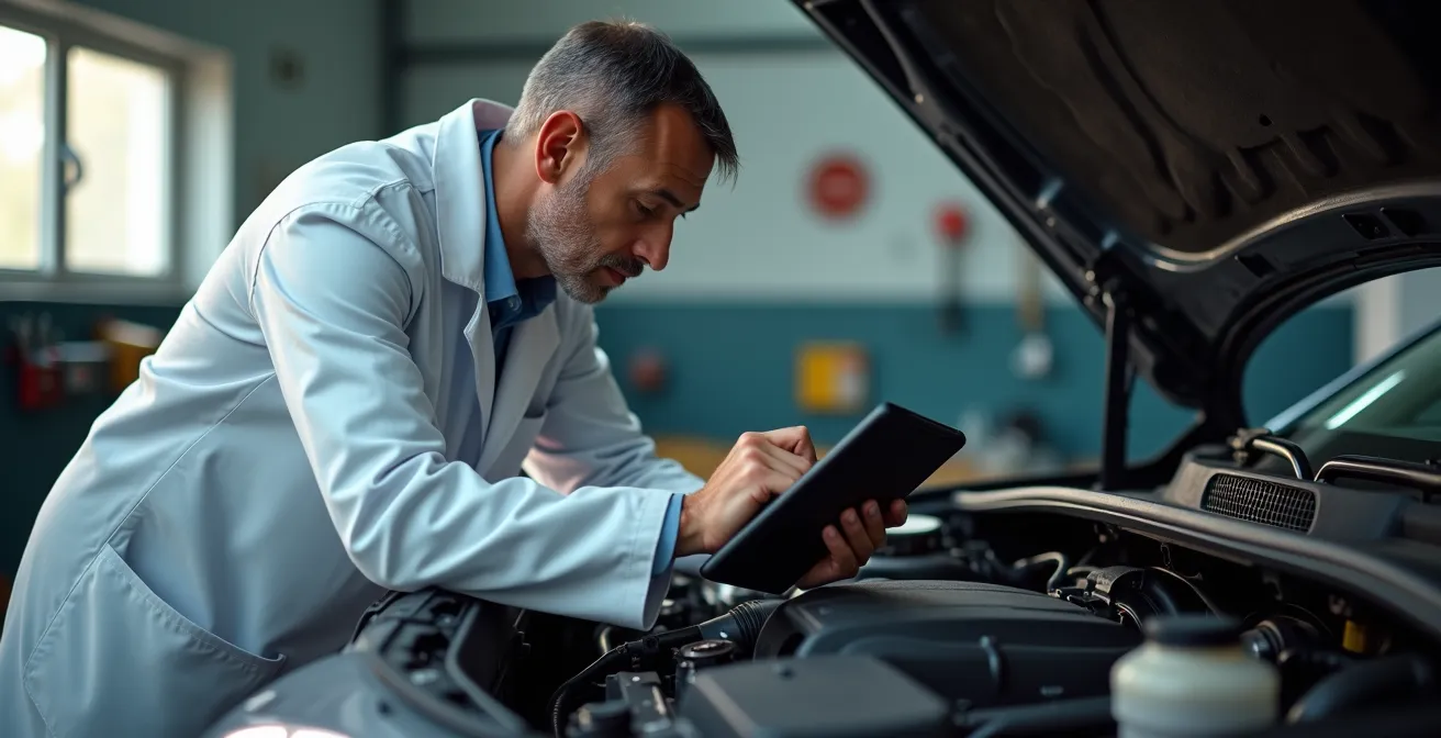 Perito mecánico examinando motor de coche con herramientas de diagnóstico