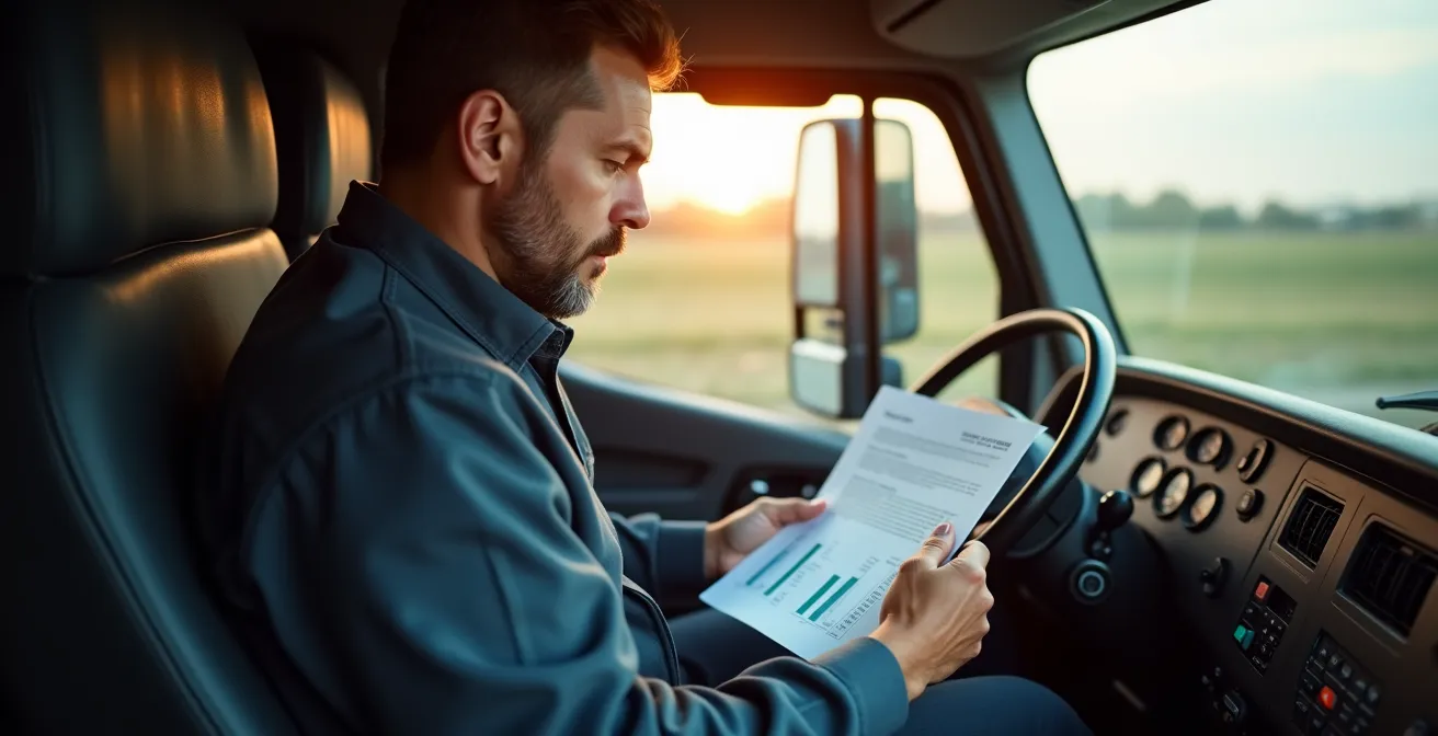 Conductor profesional en cabina evaluando documentación de seguros con calculadora