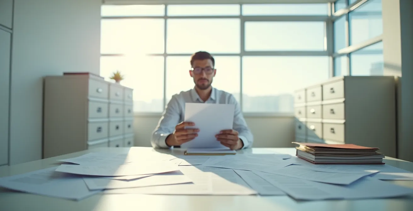 Propietario de vehículo revisando documentación legal en un despacho bien iluminado con carpetas organizadas