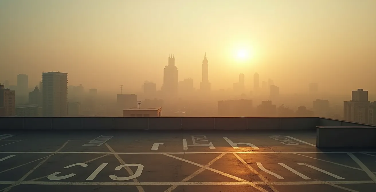 Vista amplia de una ciudad española con neblina de contaminación y señales de restricción de tráfico