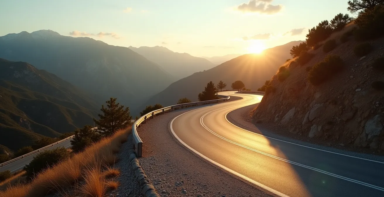 Vista amplia de carretera de montaña con curvas para prueba de conducción