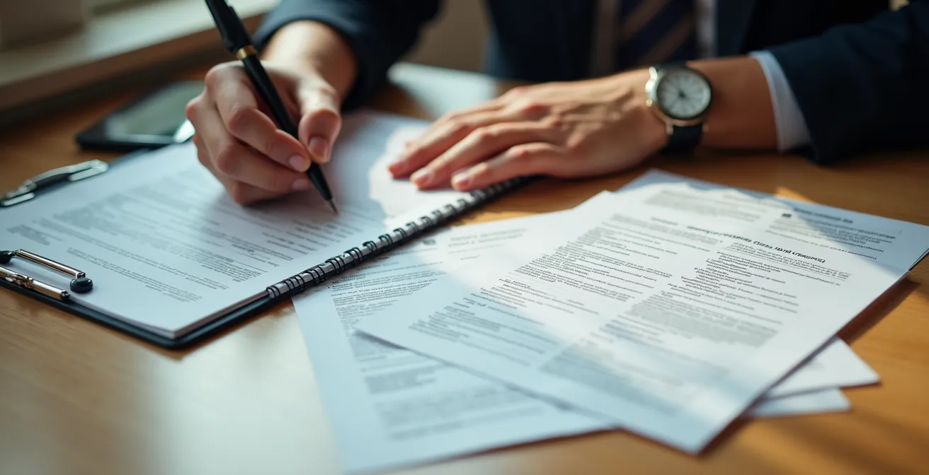 Manos escribiendo anuncio de venta de coche con documentos alrededor