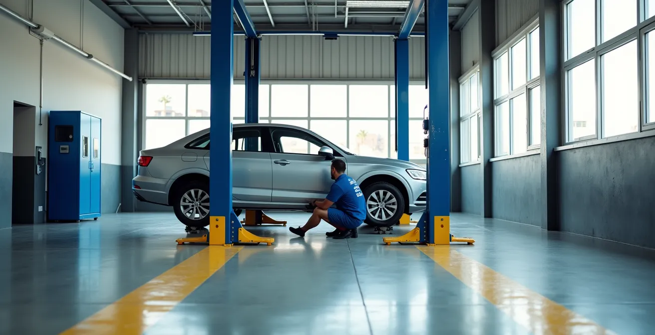Taller mecánico español con vehículo en elevador durante inspección pre-ITV