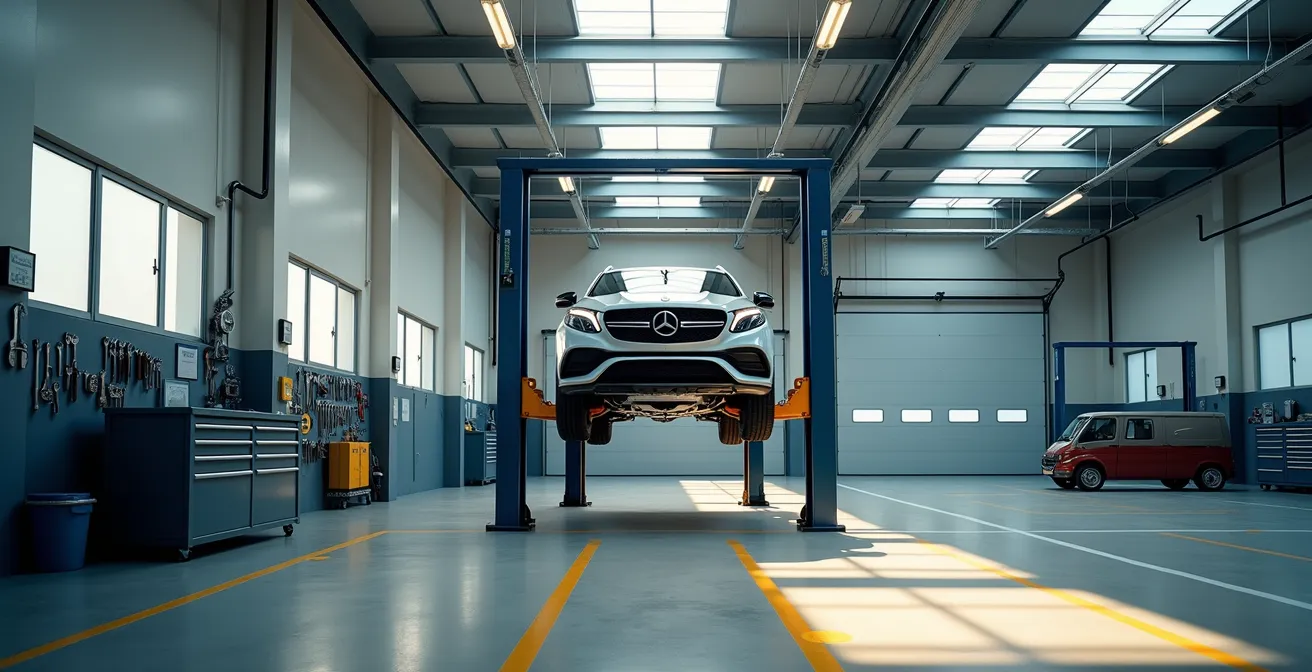 Vista amplia de taller español con coche elevado en puente hidráulico durante revisión pre-ITV